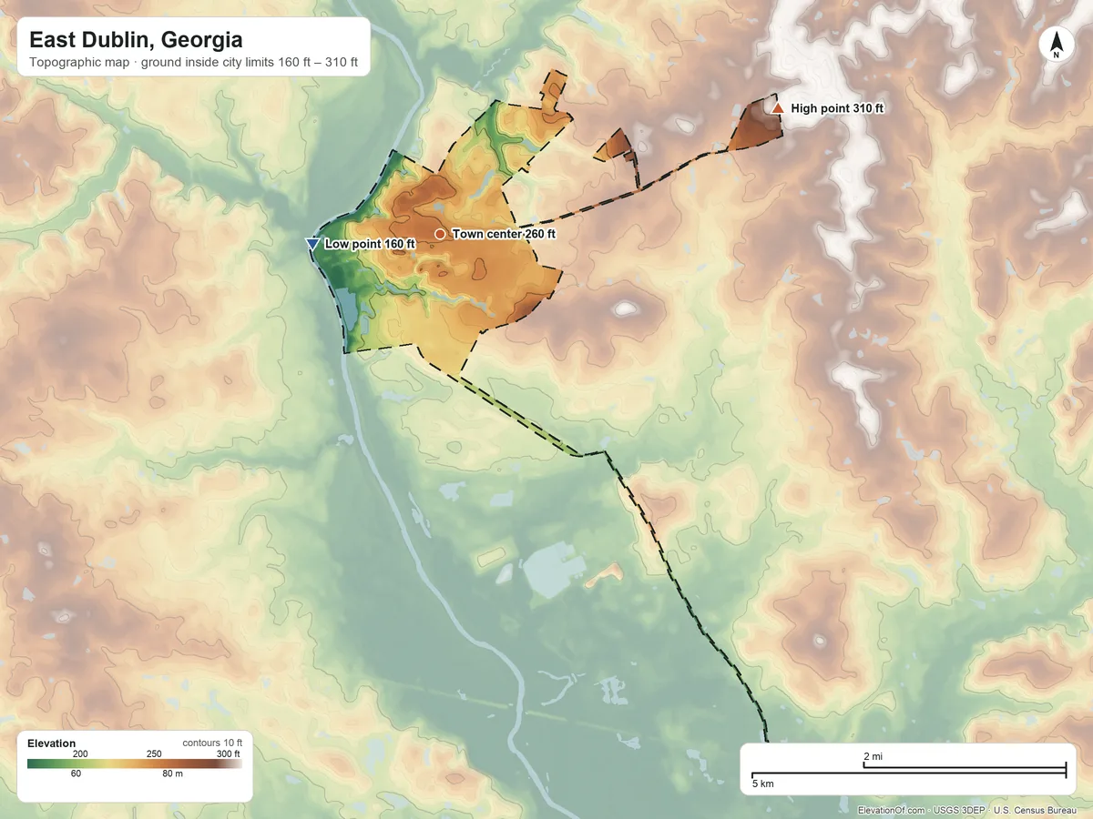 Topographic elevation map of East Dublin, Georgia, shaded from 160 ft on the west side to 310 ft on the east side