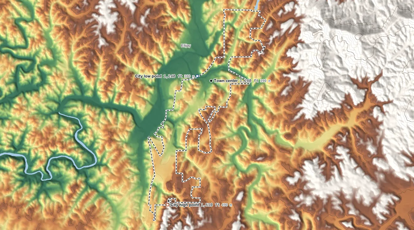 Topographic elevation map of East Ellijay, Georgia, shaded from 1,240 ft near the middle to 1,610 ft on the south edge, below higher ground just outside