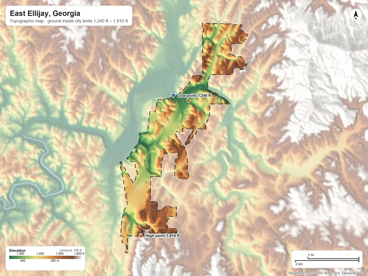 Topographic elevation map of East Ellijay, Georgia, shaded from 1,240 ft near the middle to 1,610 ft on the south edge, below higher ground just outside