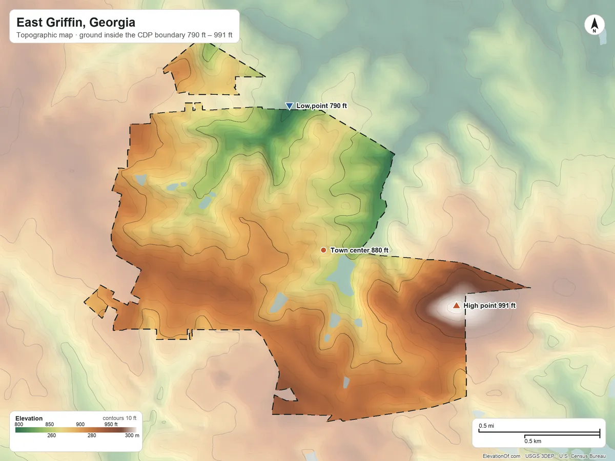 Topographic elevation map of East Griffin, Georgia, shaded from 790 ft on the north side to 991 ft on Barrow Hill