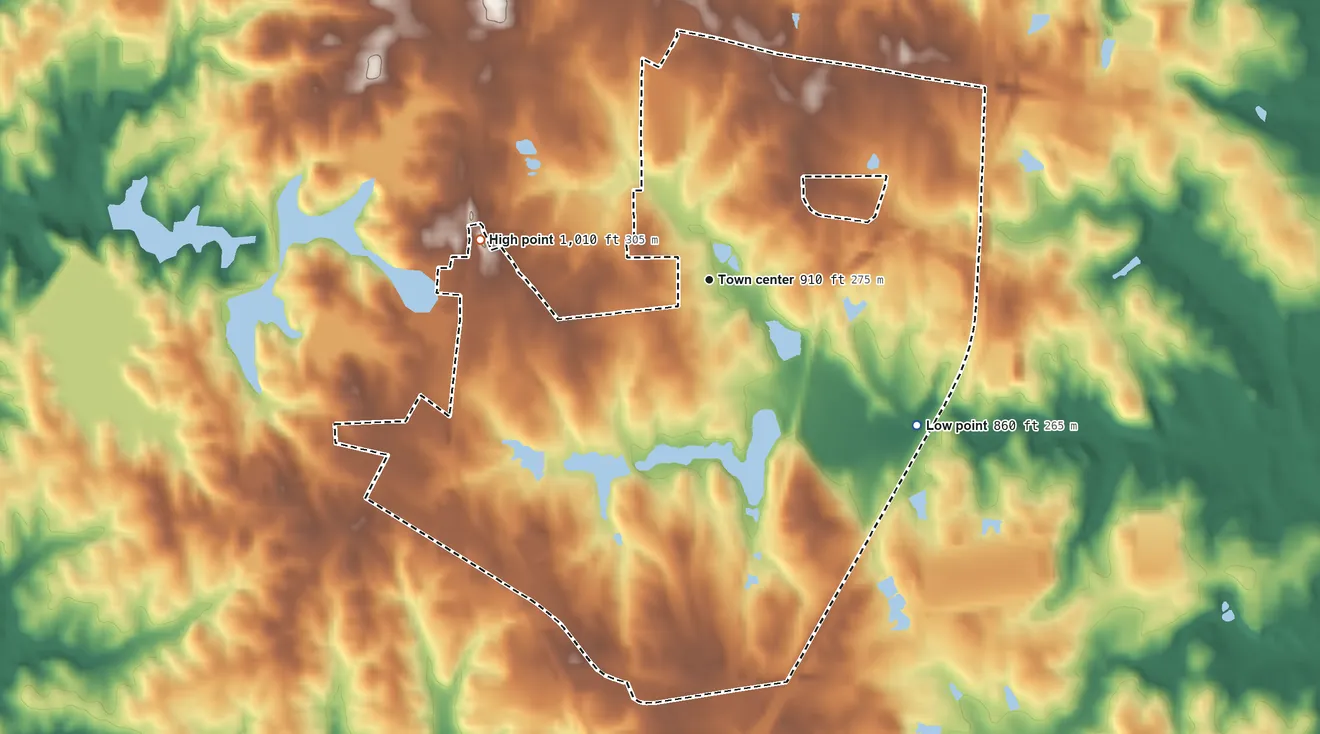 Topographic elevation map of East Newnan, Georgia, shaded from 860 ft on the southeast side to 1,010 ft on the west side