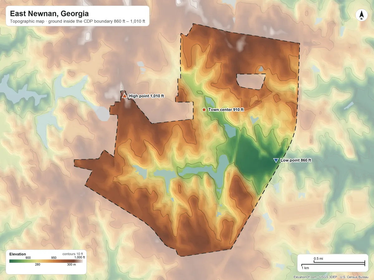 Topographic elevation map of East Newnan, Georgia, shaded from 860 ft on the southeast side to 1,010 ft on the west side
