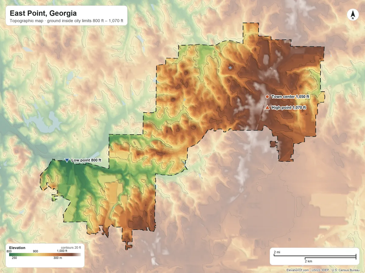 Topographic elevation map of East Point, Georgia, shaded from 800 ft on the west side to 1,070 ft near the middle