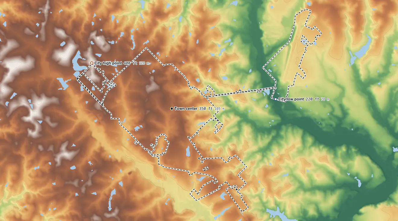 Topographic elevation map of Eastman, Georgia, shaded from 220 ft on the east side to 400 ft on the northwest side