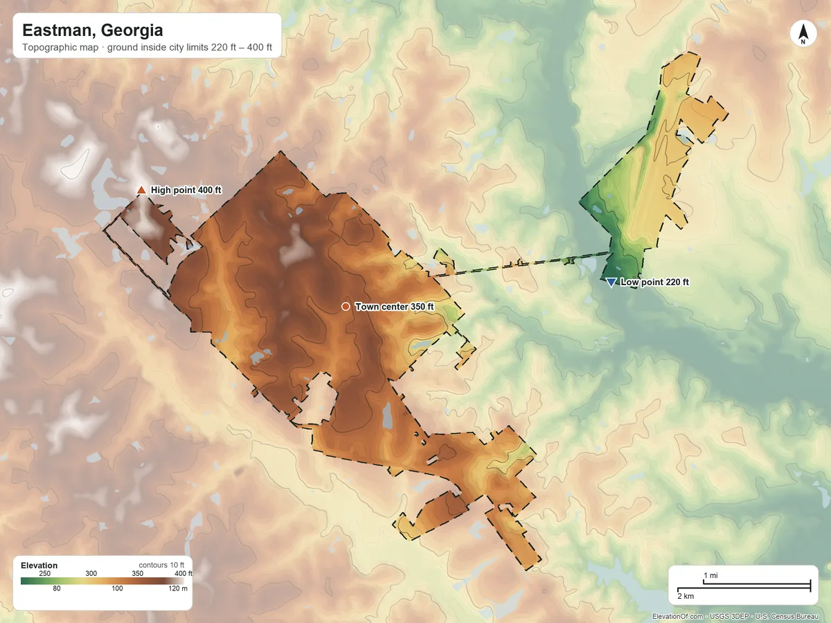 Topographic elevation map of Eastman, Georgia, shaded from 220 ft on the east side to 400 ft on the northwest side
