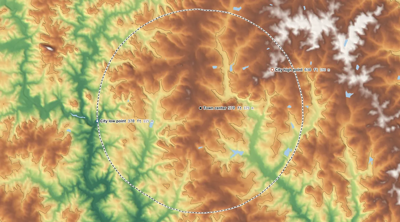 Topographic elevation map of Eatonton, Georgia, shaded from 370 ft on the west side to 630 ft on the northeast side