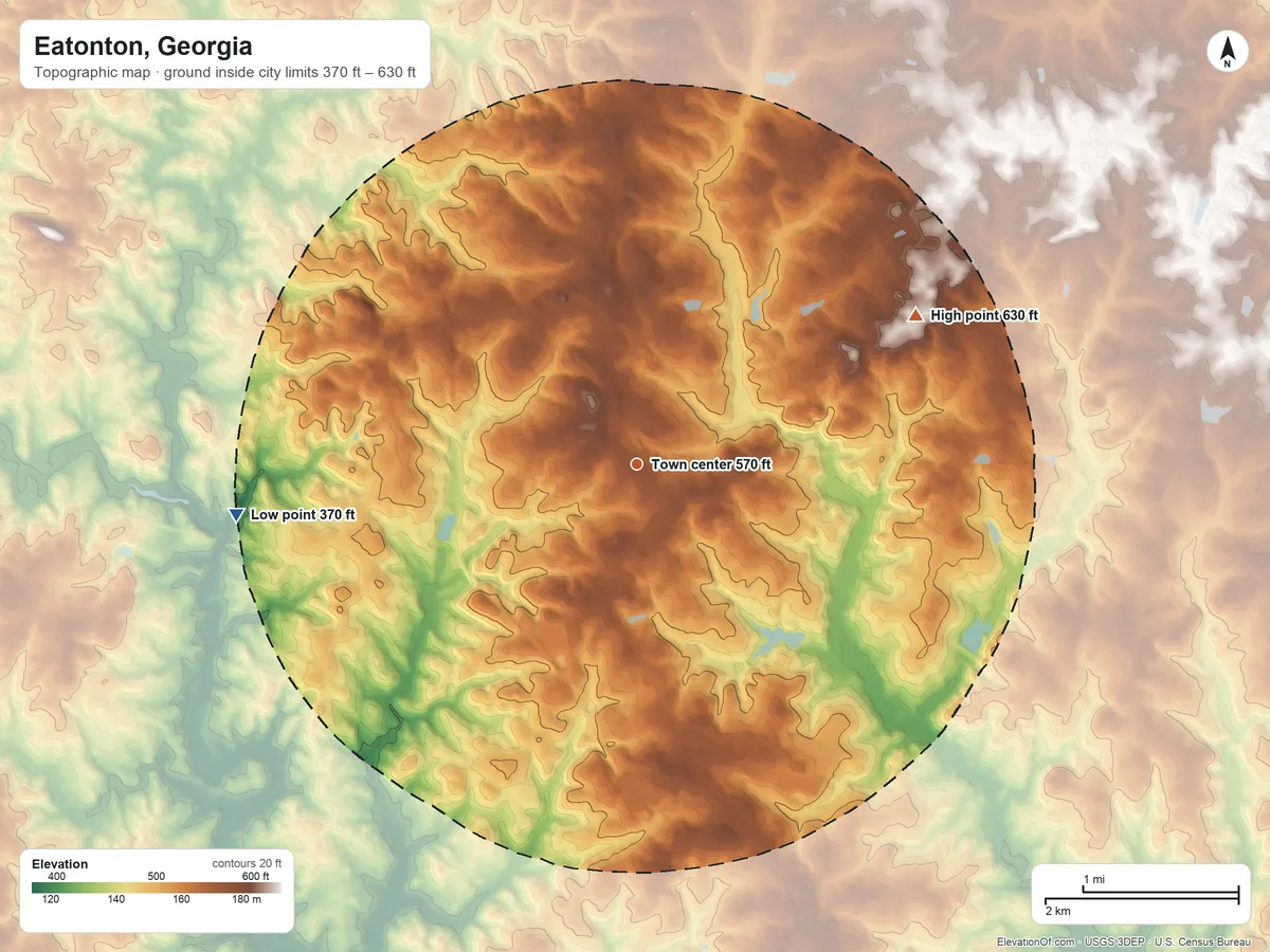 Topographic elevation map of Eatonton, Georgia, shaded from 370 ft on the west side to 630 ft on the northeast side