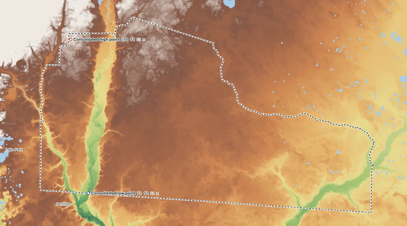 Topographic elevation map of Echols County, Georgia, shaded from 72 ft on the south side to 180 ft on the north side