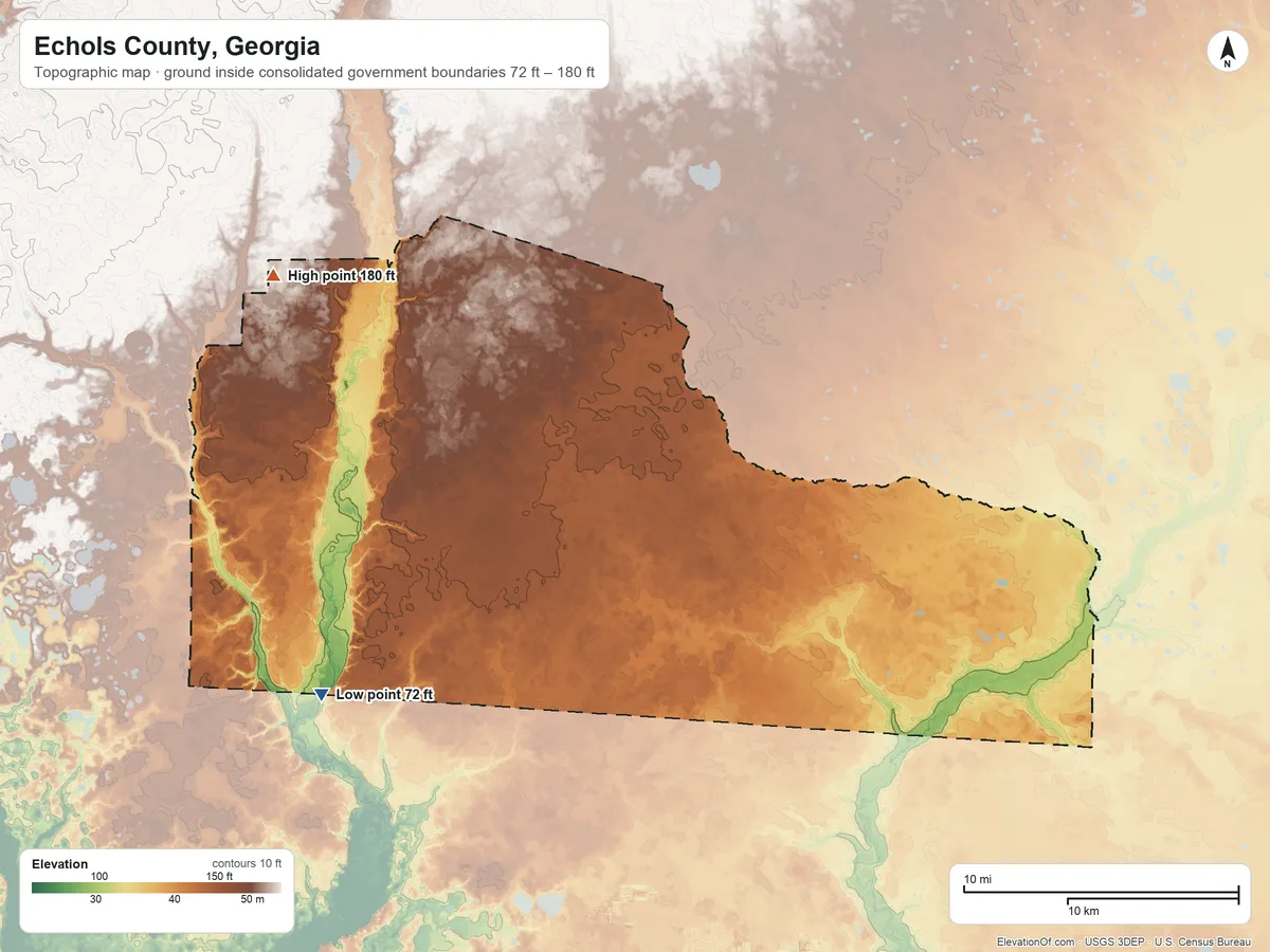 Topographic elevation map of Echols County, Georgia, shaded from 72 ft on the south side to 180 ft on the north side