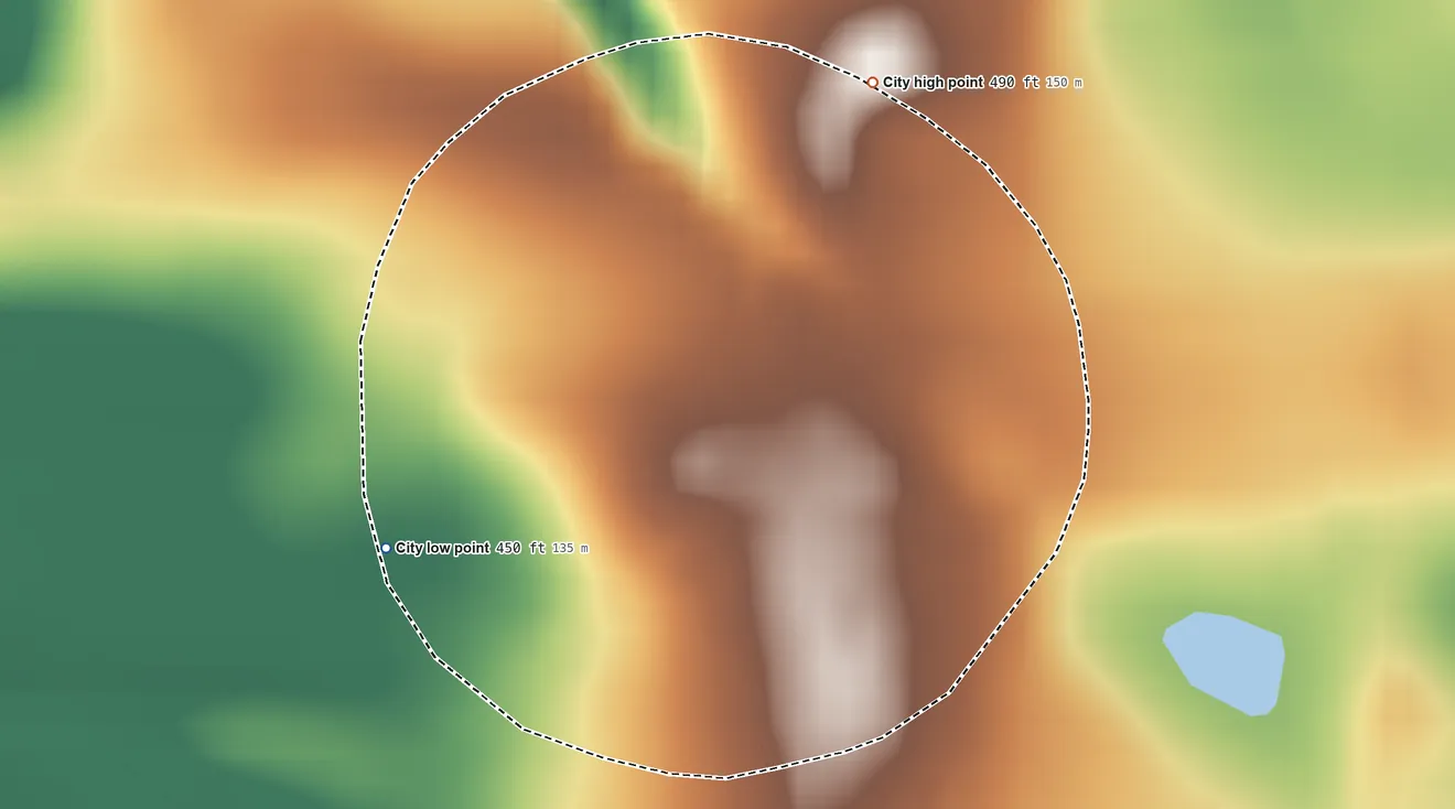 Topographic elevation map of Edge Hill, Georgia, shaded from 450 ft on the west side to 490 ft on the north side