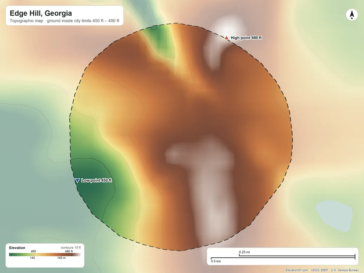 Topographic elevation map of Edge Hill, Georgia, shaded from 450 ft on the west side to 490 ft on the north side