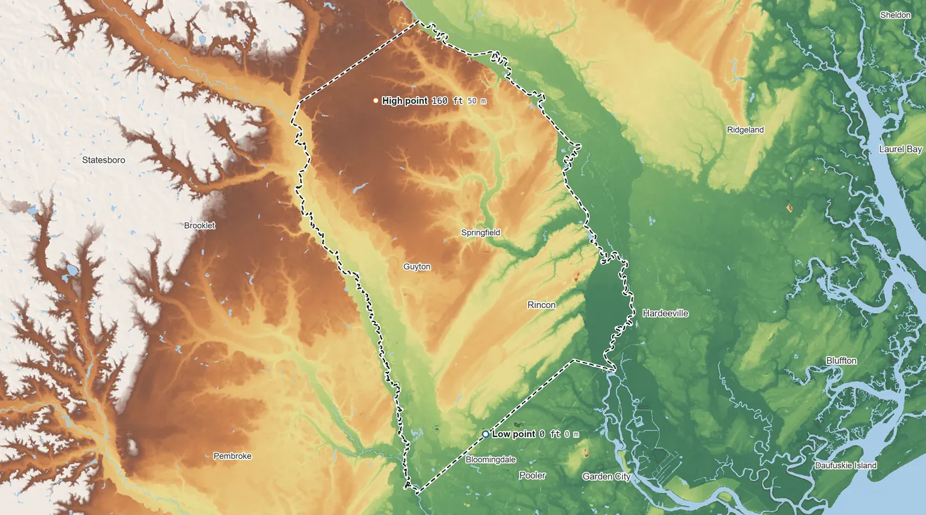 Topographic elevation map of Effingham County, Georgia, shaded from 0 ft on the south side to 160 ft on the northwest side