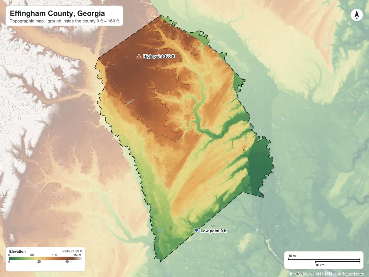 Topographic elevation map of Effingham County, Georgia, shaded from 0 ft on the south side to 160 ft on the northwest side