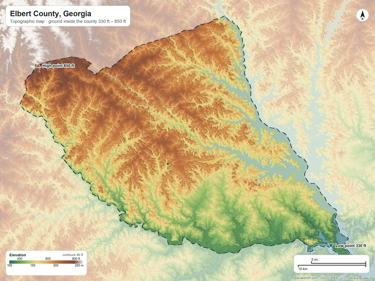 Topographic elevation map of Elbert County, Georgia, shaded from 330 ft on the southeast side to 850 ft on the northwest side