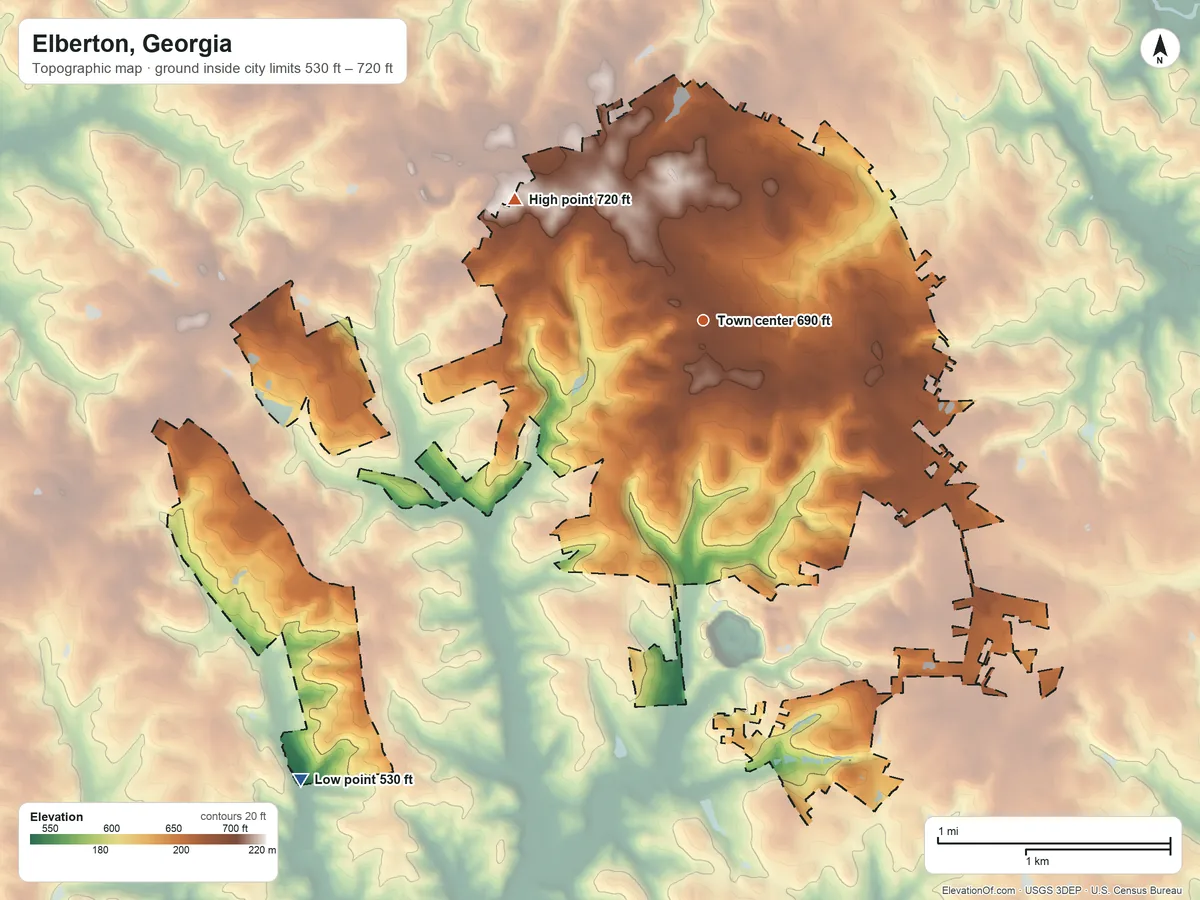 Topographic elevation map of Elberton, Georgia, shaded from 530 ft on the southwest side to 720 ft on the northwest side