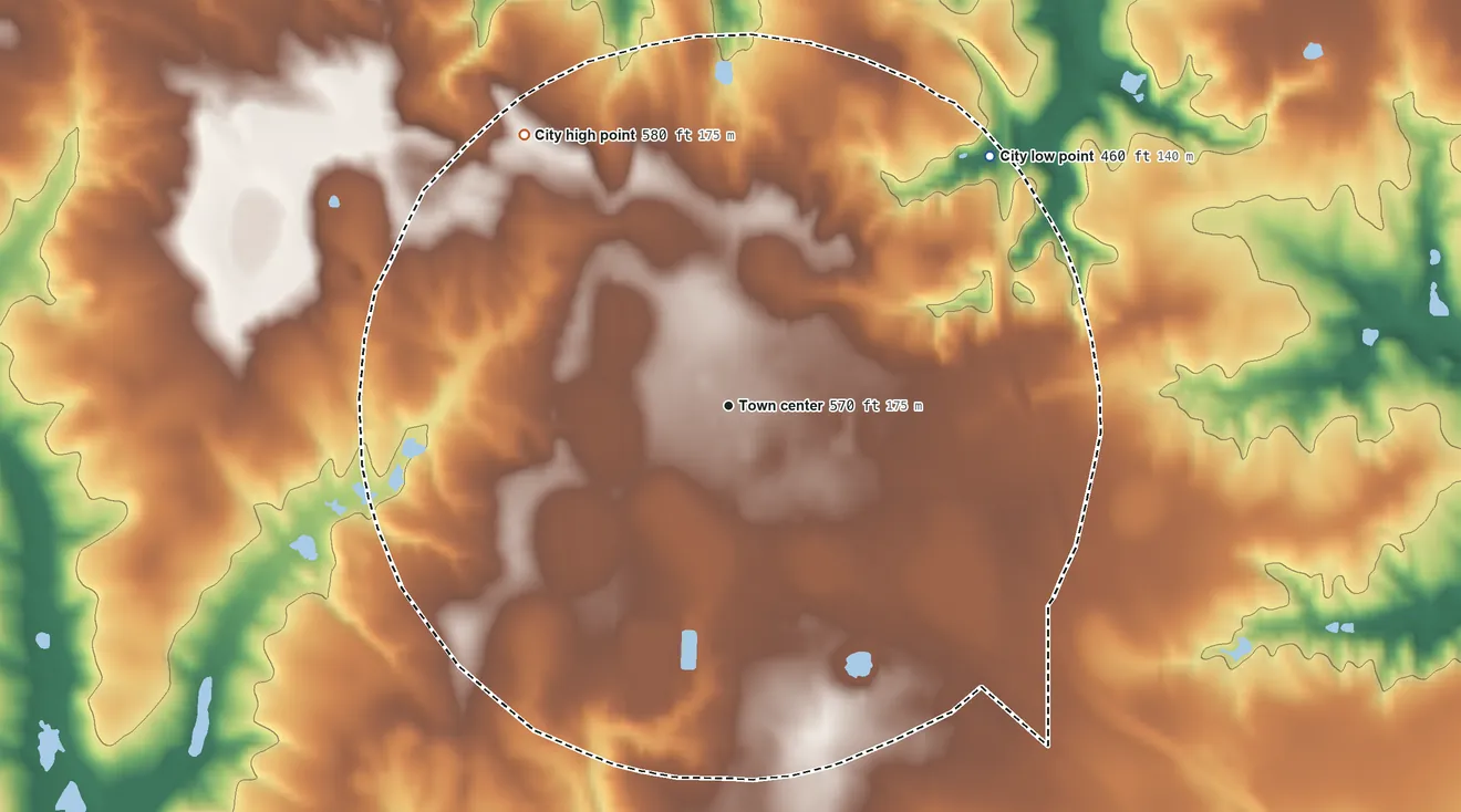Topographic elevation map of Ellaville, Georgia, shaded from 460 ft on the northeast side to 580 ft on the northwest side