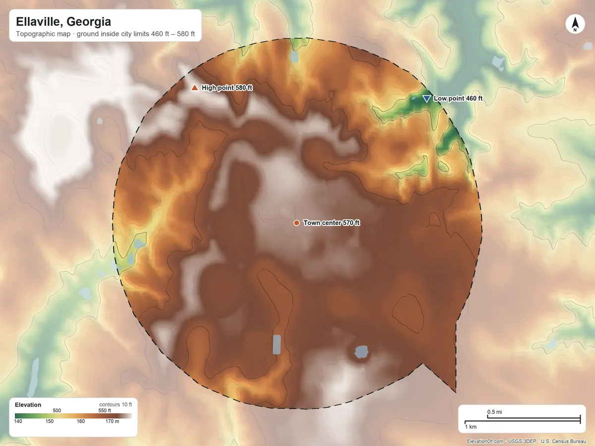 Topographic elevation map of Ellaville, Georgia, shaded from 460 ft on the northeast side to 580 ft on the northwest side