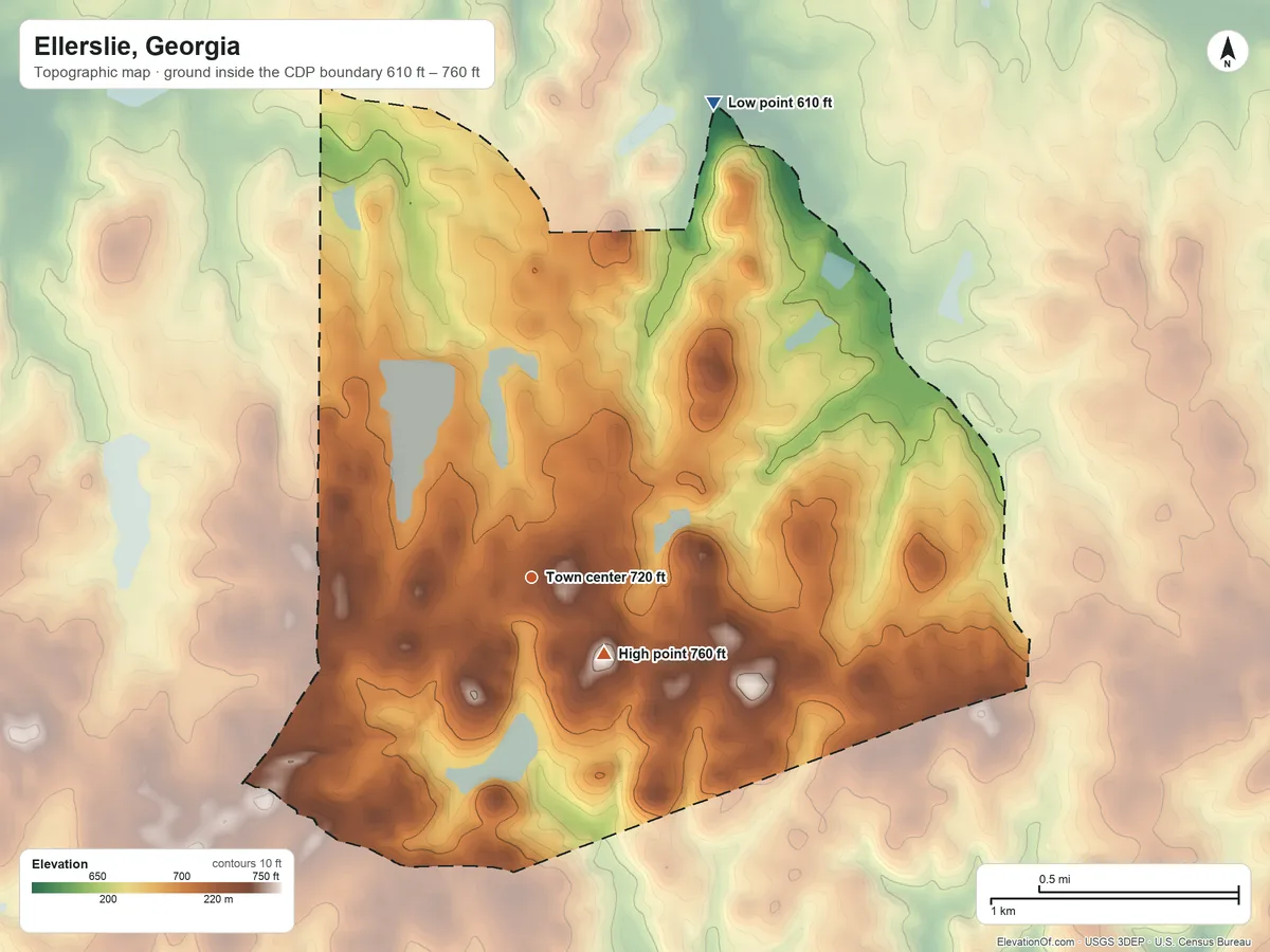 Topographic elevation map of Ellerslie, Georgia, shaded from 610 ft on the north side to 760 ft near the middle