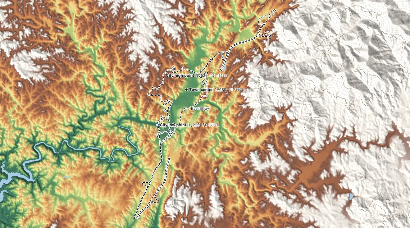 Topographic elevation map of Ellijay, Georgia, shaded from 1,220 ft on the southwest side to 1,620 ft on the northwest side