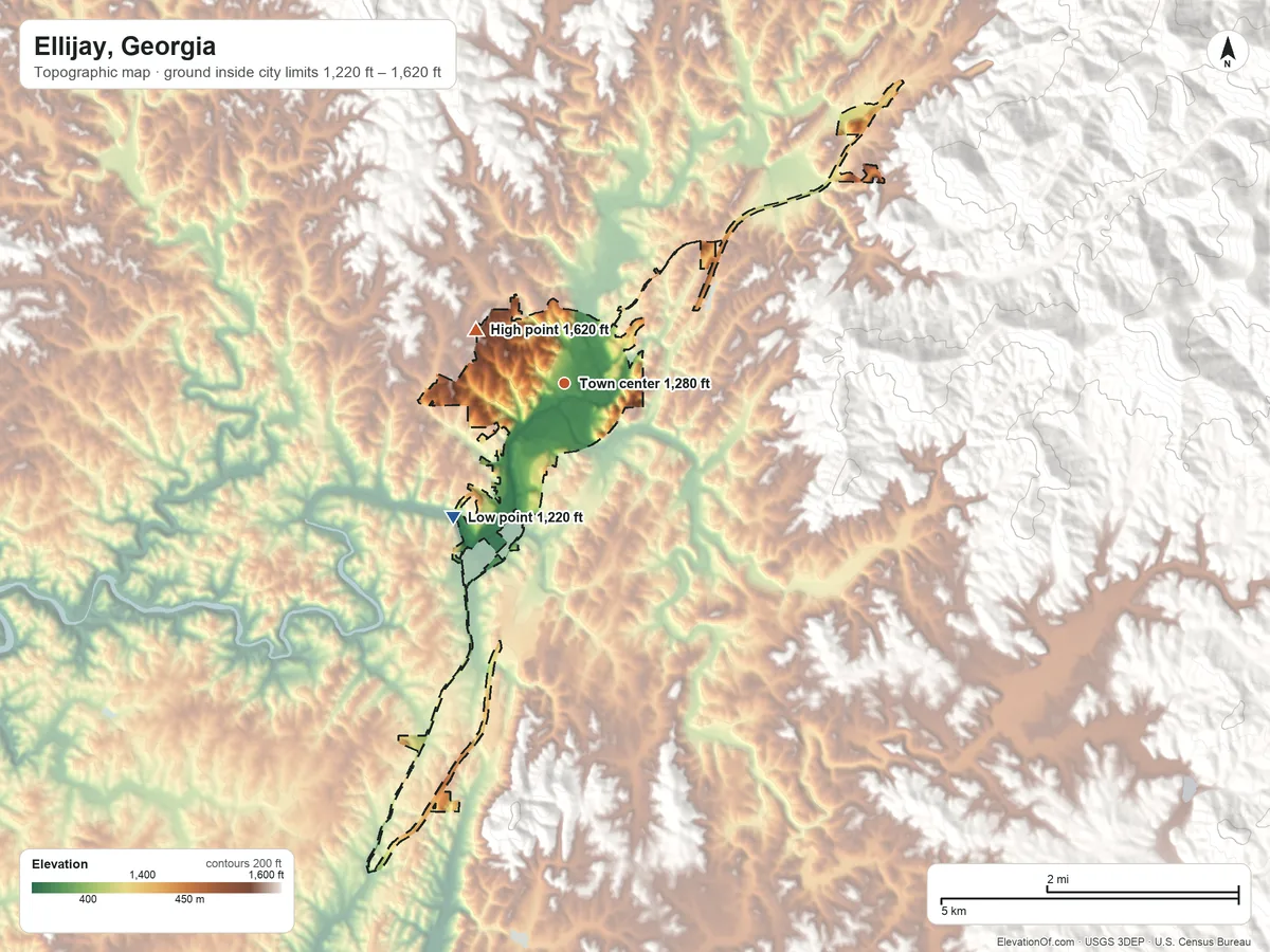 Topographic elevation map of Ellijay, Georgia, shaded from 1,220 ft on the southwest side to 1,620 ft on the northwest side