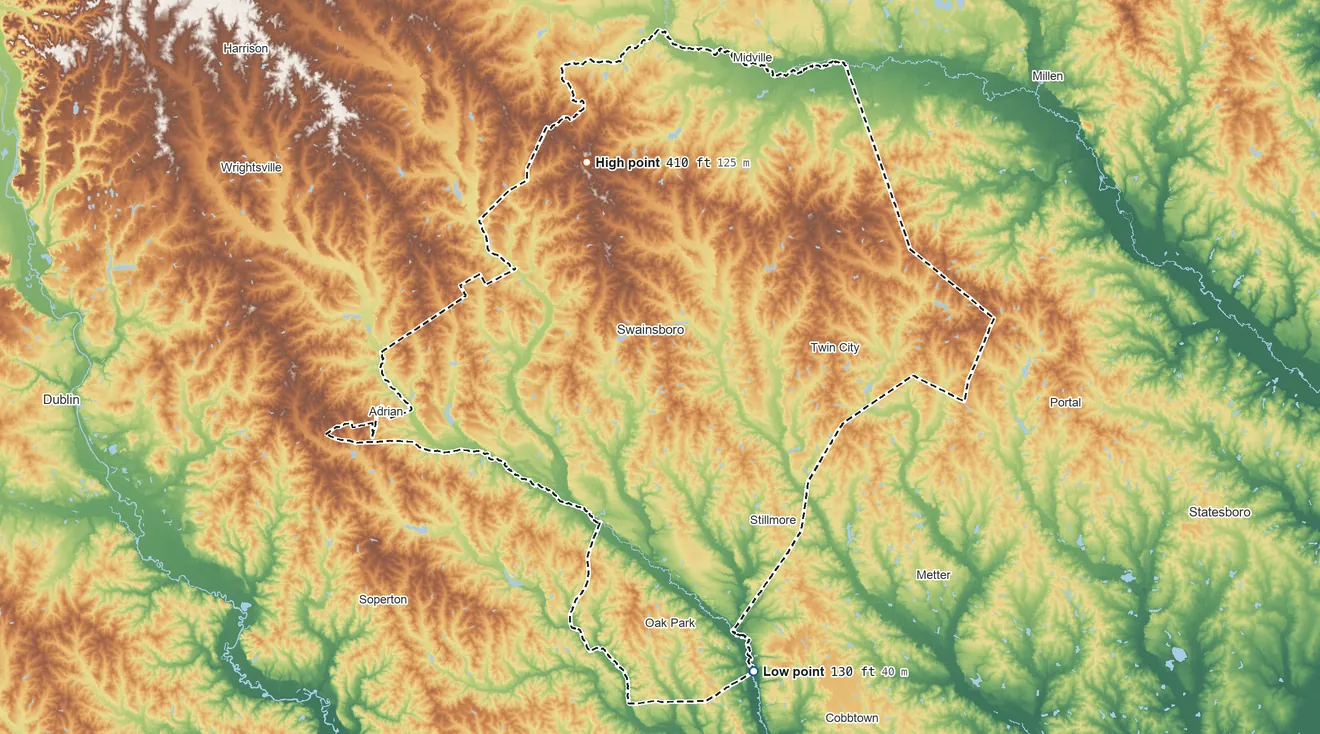 Topographic elevation map of Emanuel County, Georgia, shaded from 130 ft on the south side to 410 ft on the north side