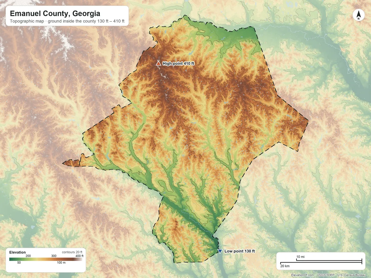Topographic elevation map of Emanuel County, Georgia, shaded from 130 ft on the south side to 410 ft on the north side