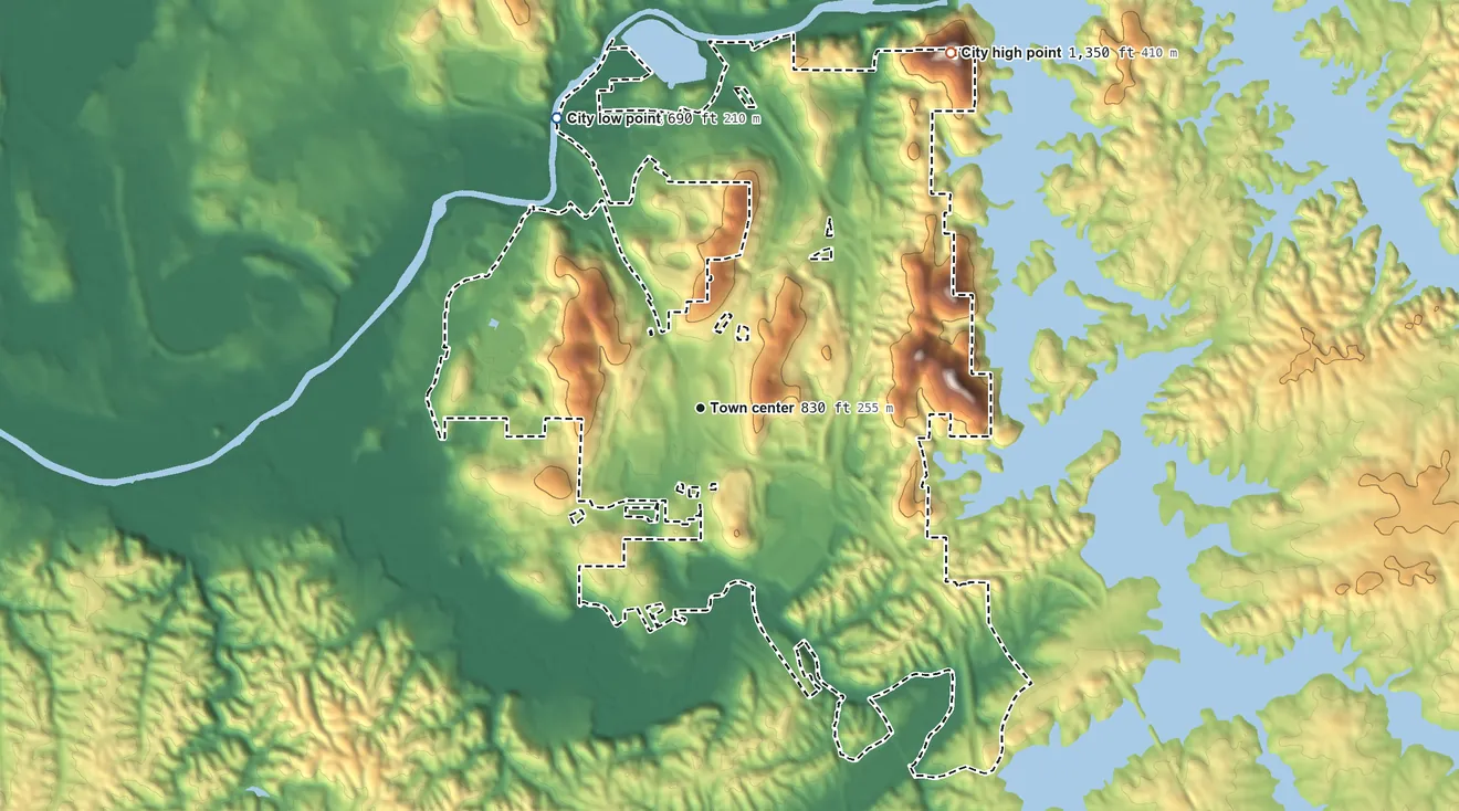 Topographic elevation map of Emerson, Georgia, shaded from 690 ft on the northwest side to 1,350 ft on Vineyard Mountain