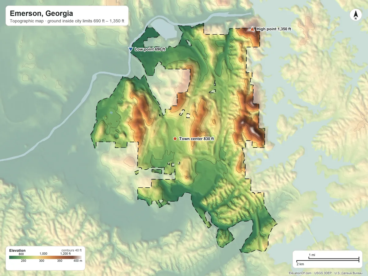 Topographic elevation map of Emerson, Georgia, shaded from 690 ft on the northwest side to 1,350 ft on Vineyard Mountain