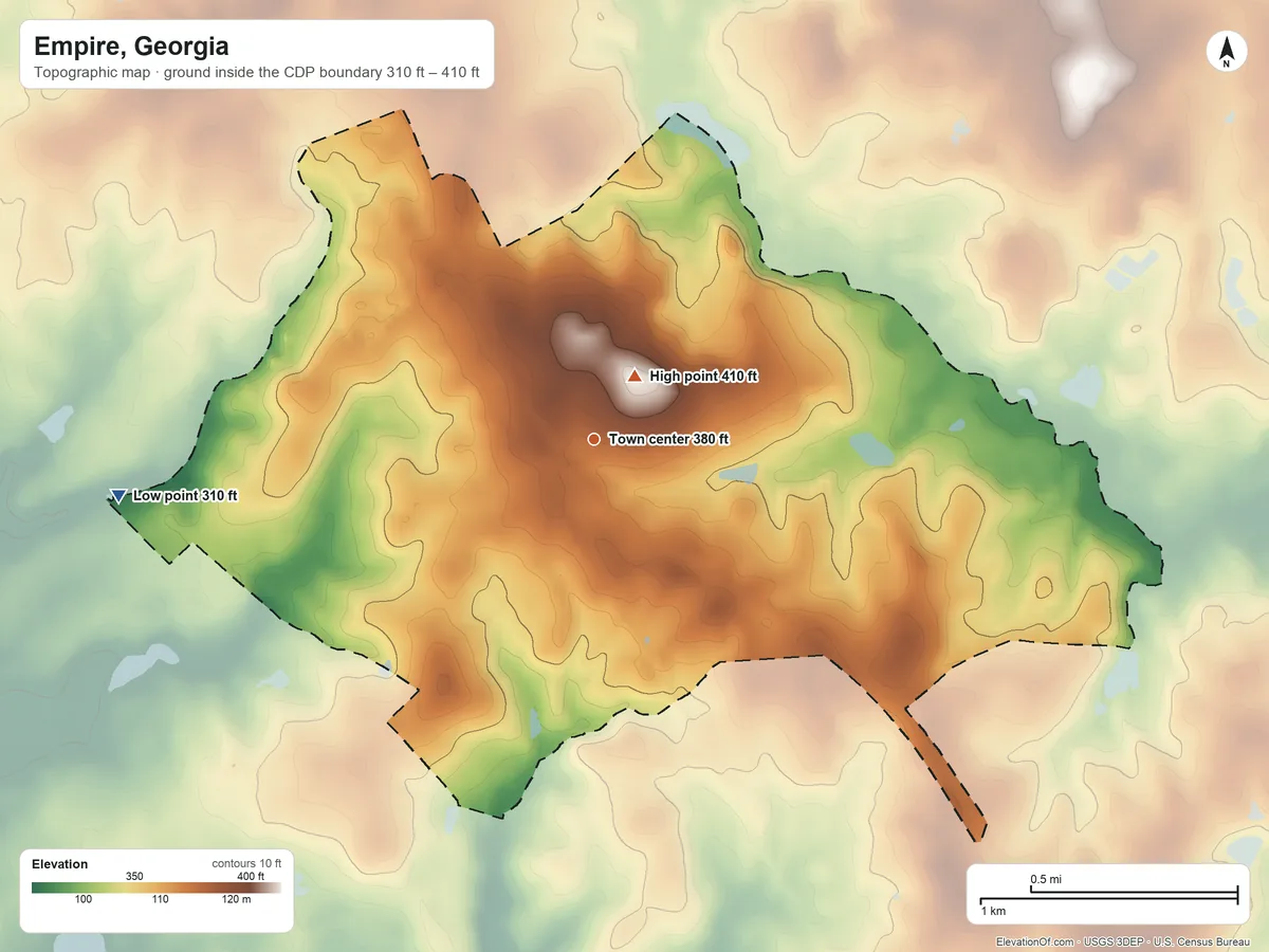 Topographic elevation map of Empire, Georgia, shaded from 310 ft on the west side to 410 ft near the middle
