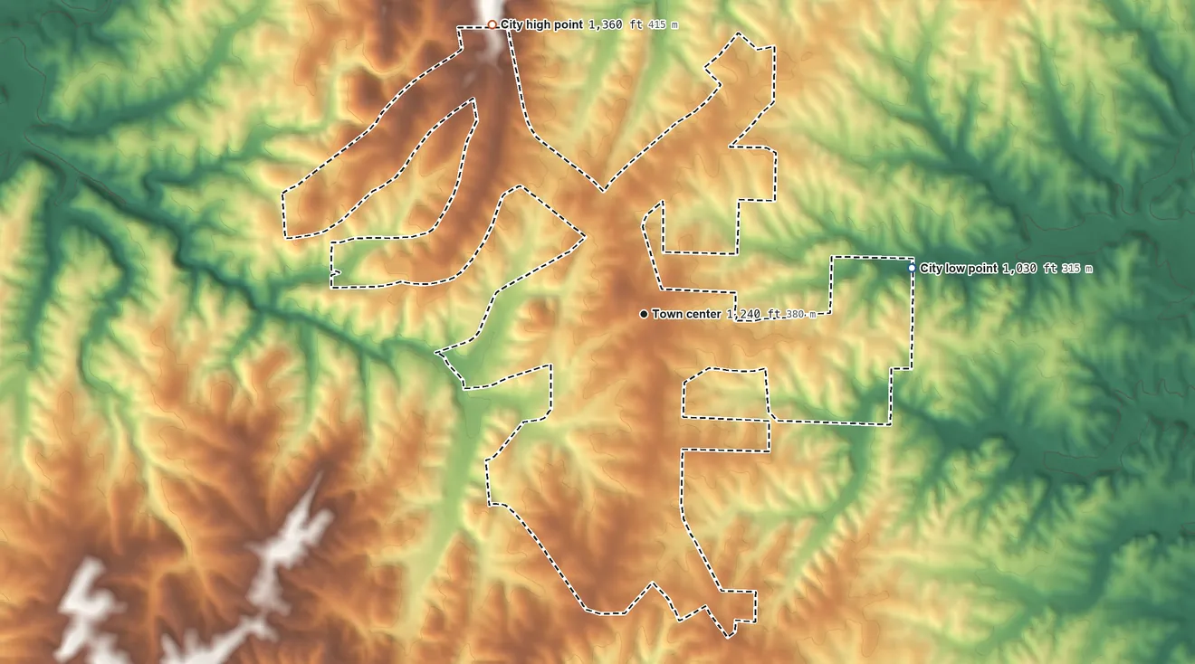 Topographic elevation map of Ephesus, Georgia, shaded from 1,030 ft on the east side to 1,360 ft on the northwest side