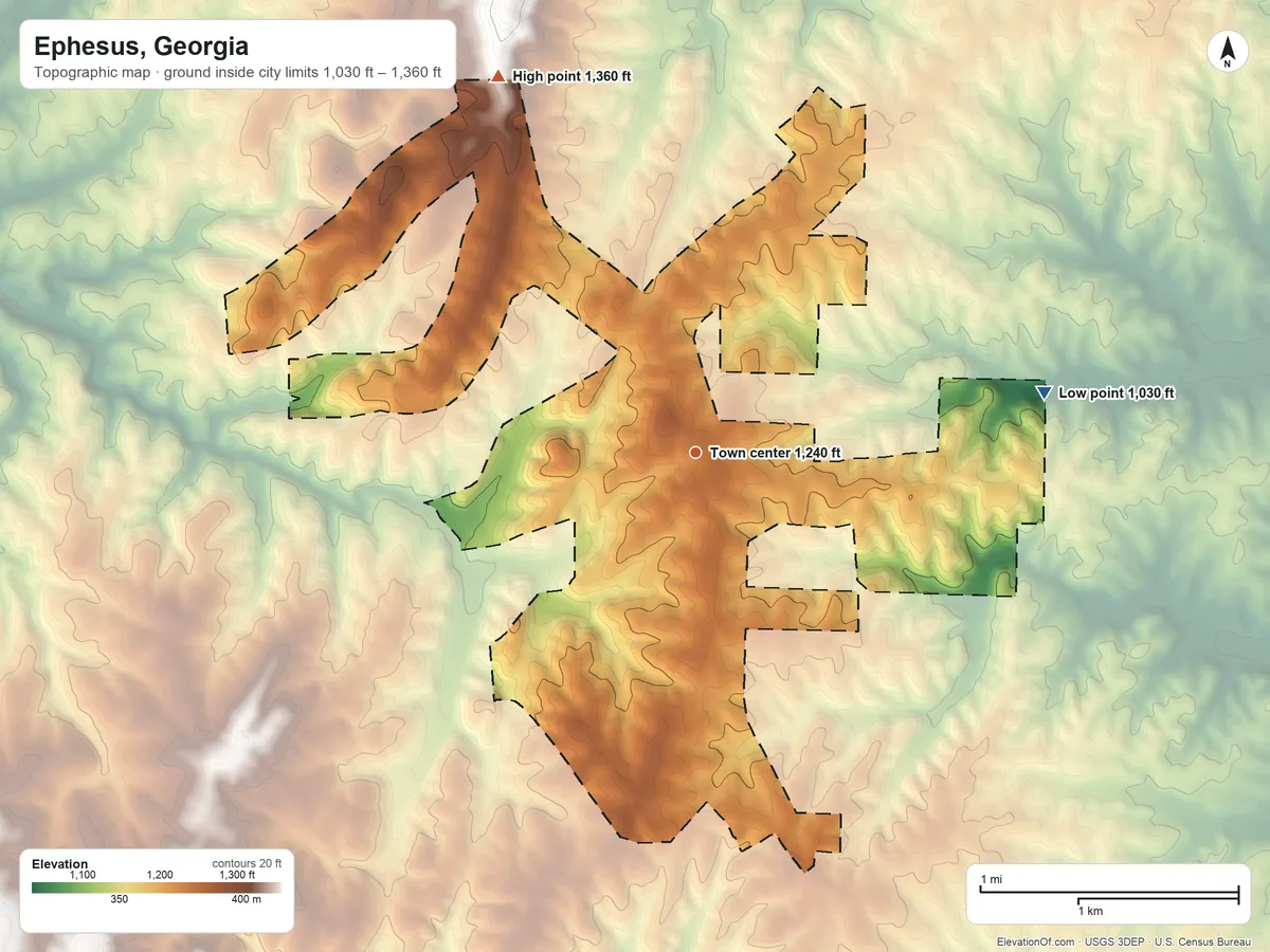 Topographic elevation map of Ephesus, Georgia, shaded from 1,030 ft on the east side to 1,360 ft on the northwest side