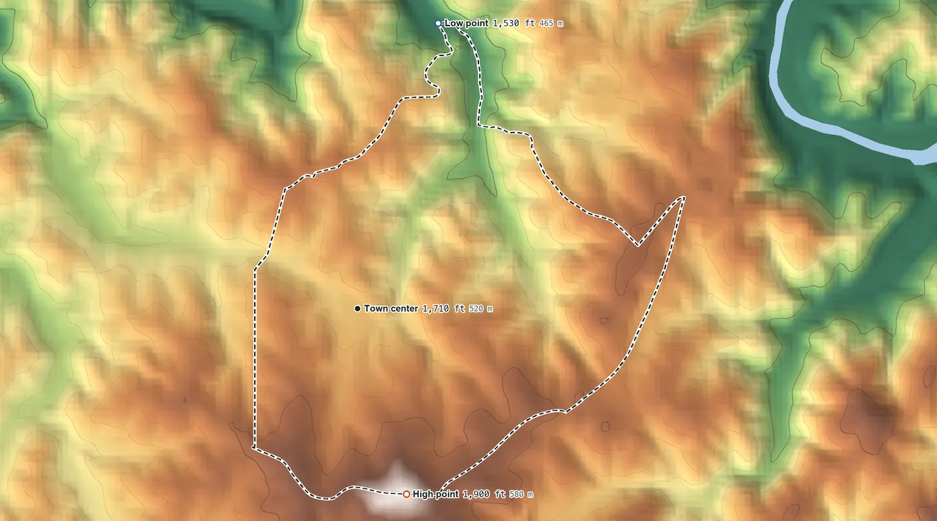 Topographic elevation map of Epworth, Georgia, shaded from 1,530 ft on the north side to 1,900 ft on the south side