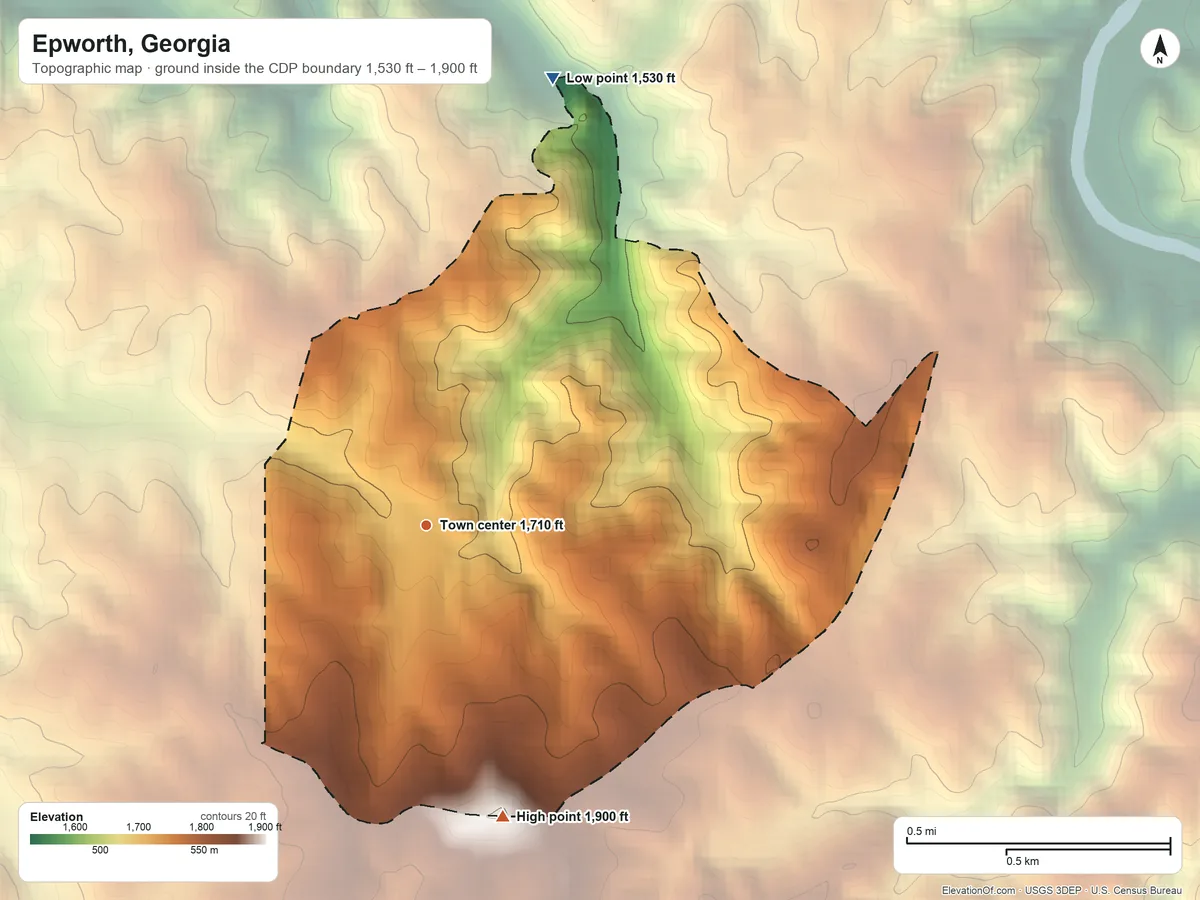 Topographic elevation map of Epworth, Georgia, shaded from 1,530 ft on the north side to 1,900 ft on the south side
