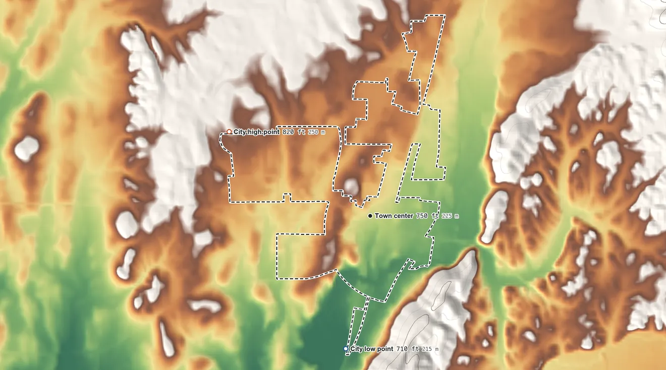 Topographic elevation map of Eton, Georgia, shaded from 710 ft on the south side to 820 ft on the northwest side