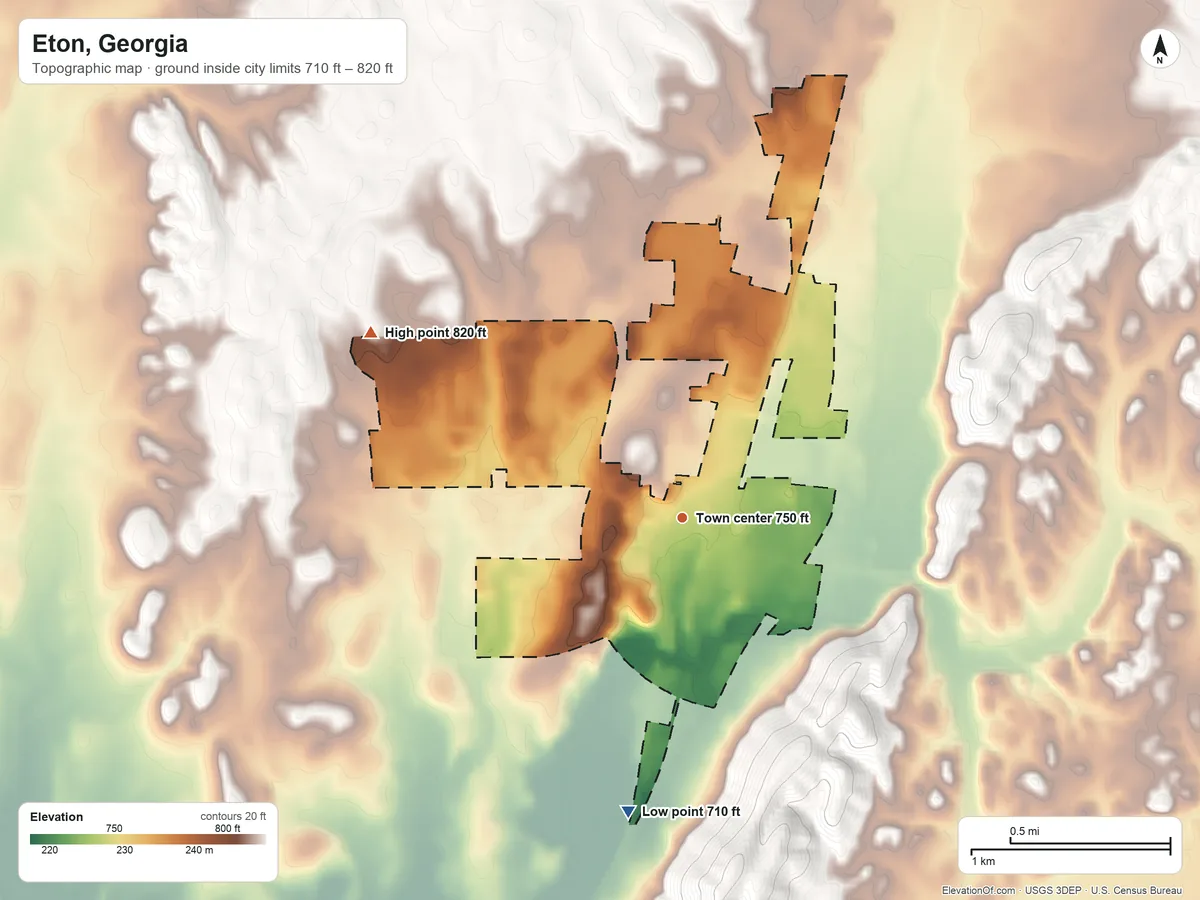 Topographic elevation map of Eton, Georgia, shaded from 710 ft on the south side to 820 ft on the northwest side