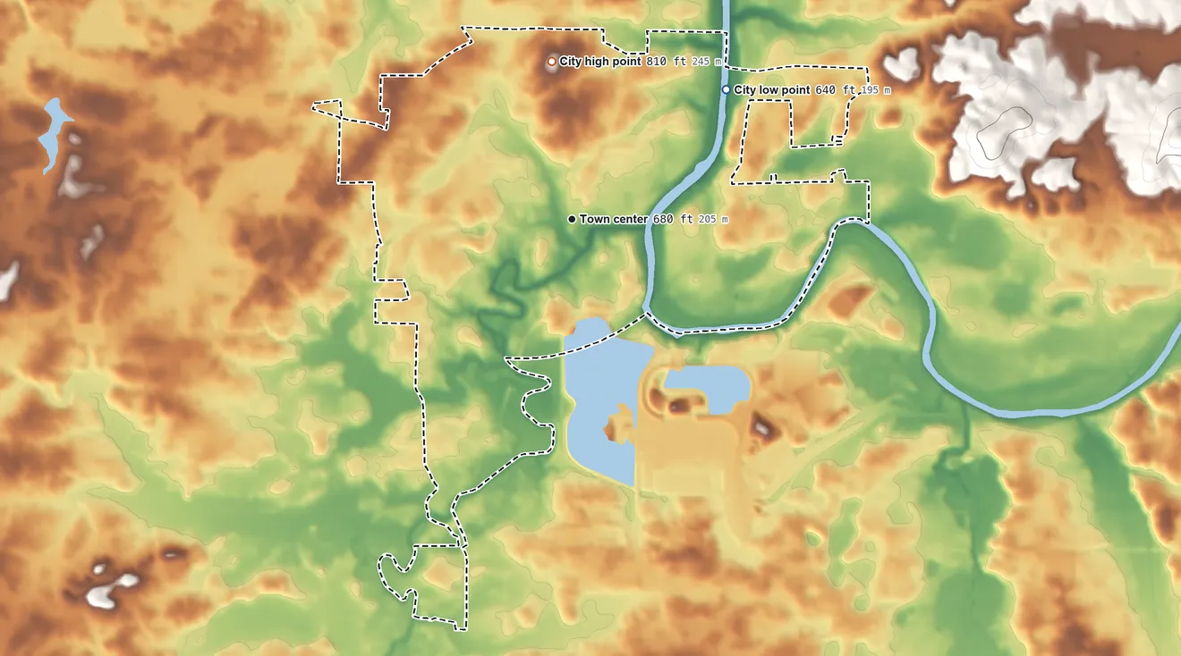 Topographic elevation map of Euharlee, Georgia, shaded from 640 ft on the northeast side to 810 ft on the north side