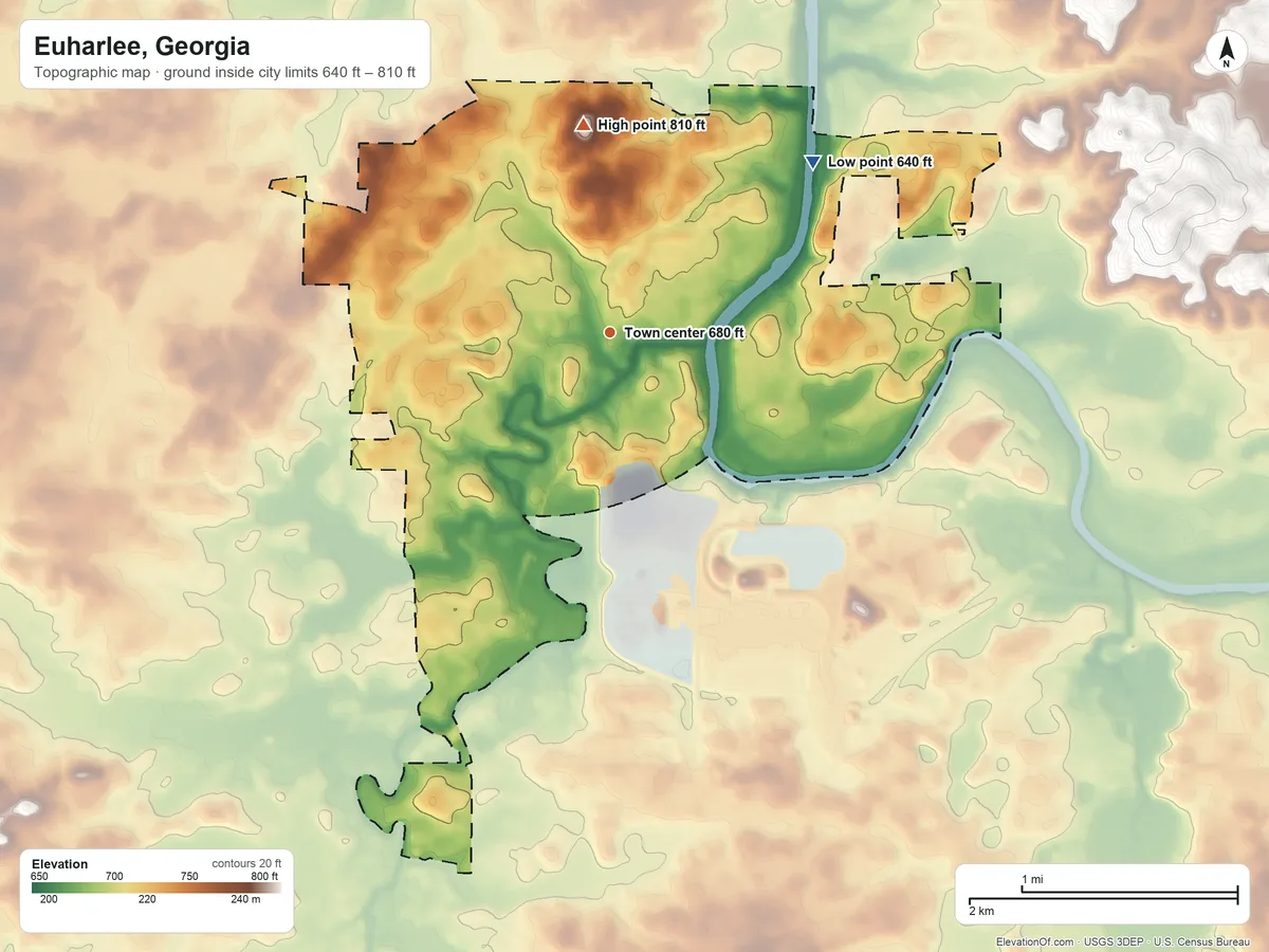 Topographic elevation map of Euharlee, Georgia, shaded from 640 ft on the northeast side to 810 ft on the north side