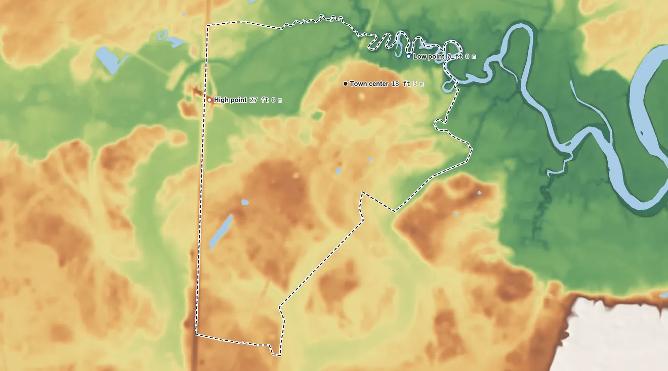 Topographic elevation map of Eulonia, Georgia, shaded from 0 ft on the northeast side to 27 ft on the west side