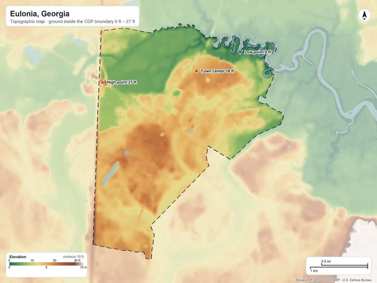 Topographic elevation map of Eulonia, Georgia, shaded from 0 ft on the northeast side to 27 ft on the west side