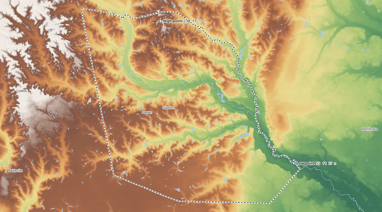Topographic elevation map of Evans County, Georgia, shaded from 55 ft on the southeast side to 230 ft on the north side