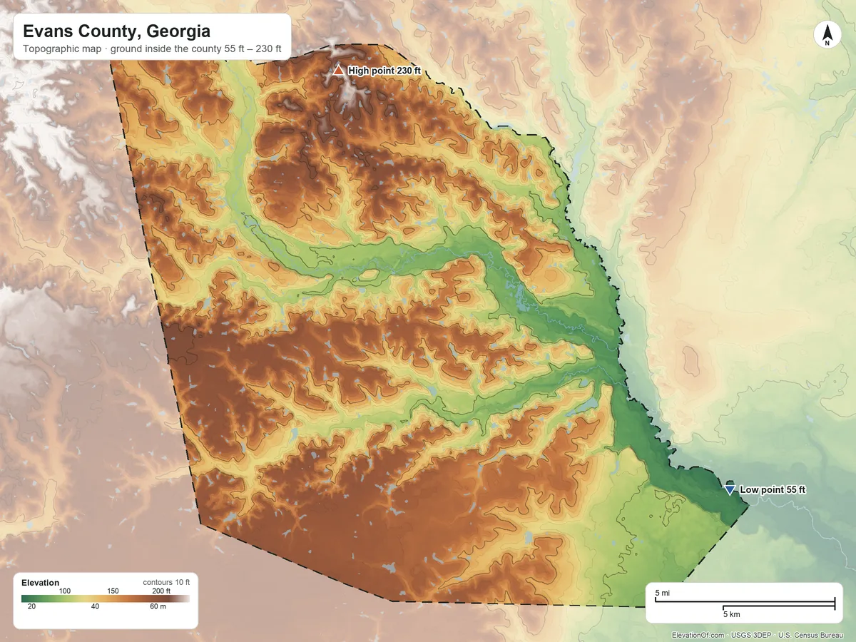 Topographic elevation map of Evans County, Georgia, shaded from 55 ft on the southeast side to 230 ft on the north side
