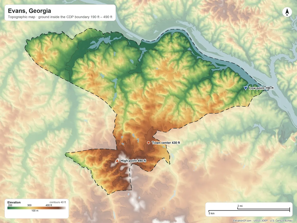 Topographic elevation map of Evans, Georgia, shaded from 190 ft on the northeast side to 490 ft on the southwest side