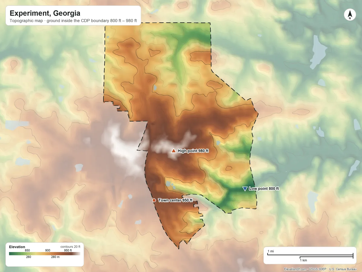 Topographic elevation map of Experiment, Georgia, shaded from 800 ft on the east side to 980 ft on the north side