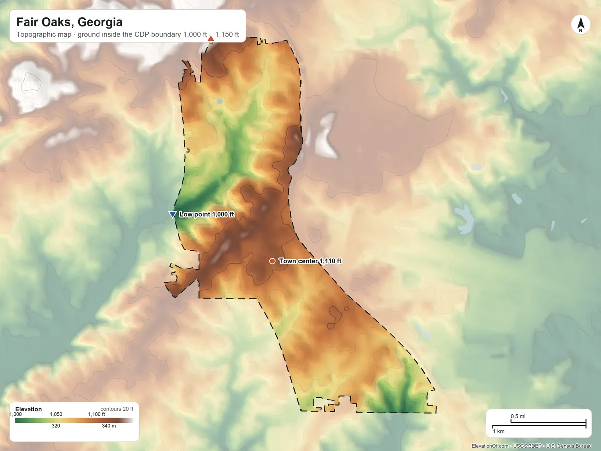 Topographic elevation map of Fair Oaks, Georgia, shaded from 1,000 ft on the northwest side to 1,150 ft on the north side