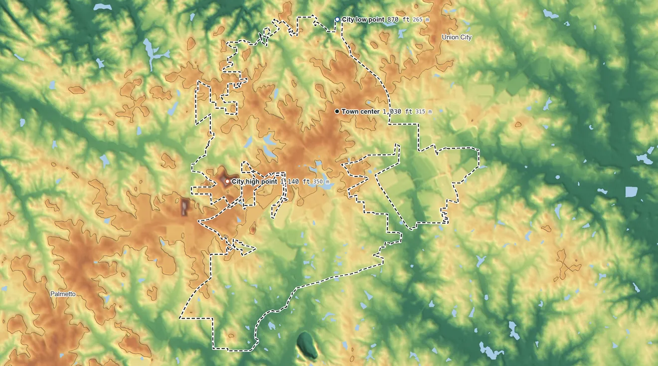 Topographic elevation map of Fairburn, Georgia, shaded from 870 ft on the north side to 1,140 ft on the southwest side