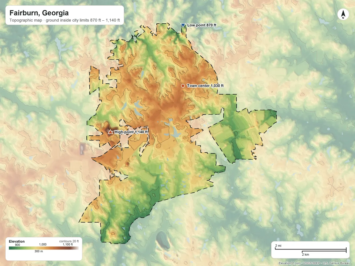 Topographic elevation map of Fairburn, Georgia, shaded from 870 ft on the north side to 1,140 ft on the southwest side