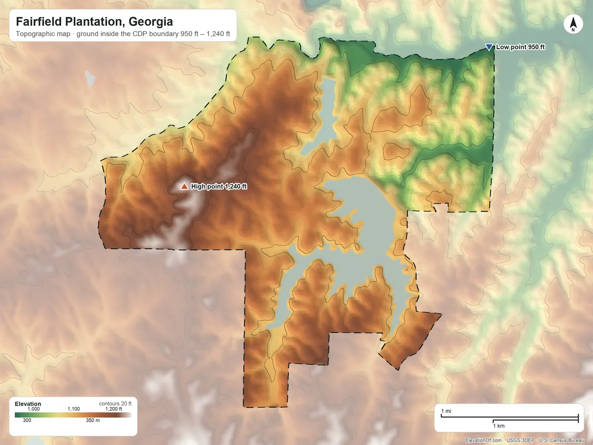 Topographic elevation map of Fairfield Plantation, Georgia, shaded from 950 ft on the northeast side to 1,240 ft on the west side