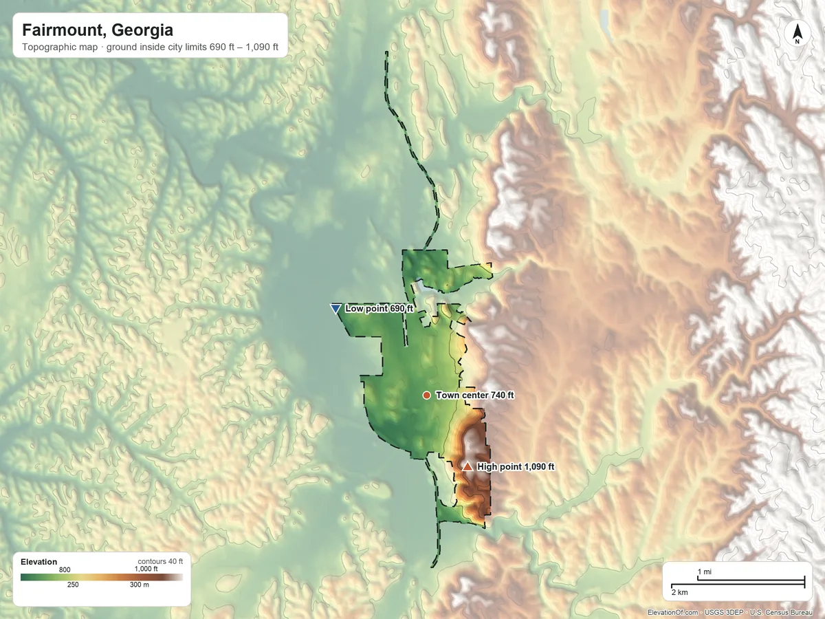 Topographic elevation map of Fairmount, Georgia, shaded from 690 ft on the northwest side to 1,090 ft on the southeast side
