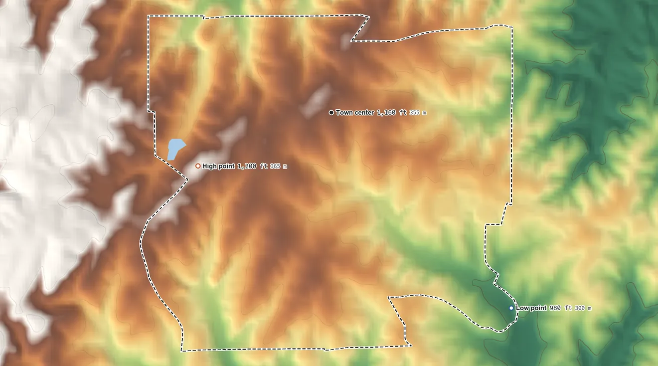 Topographic elevation map of Fairplay, Georgia, shaded from 980 ft on the southeast side to 1,200 ft on the west side