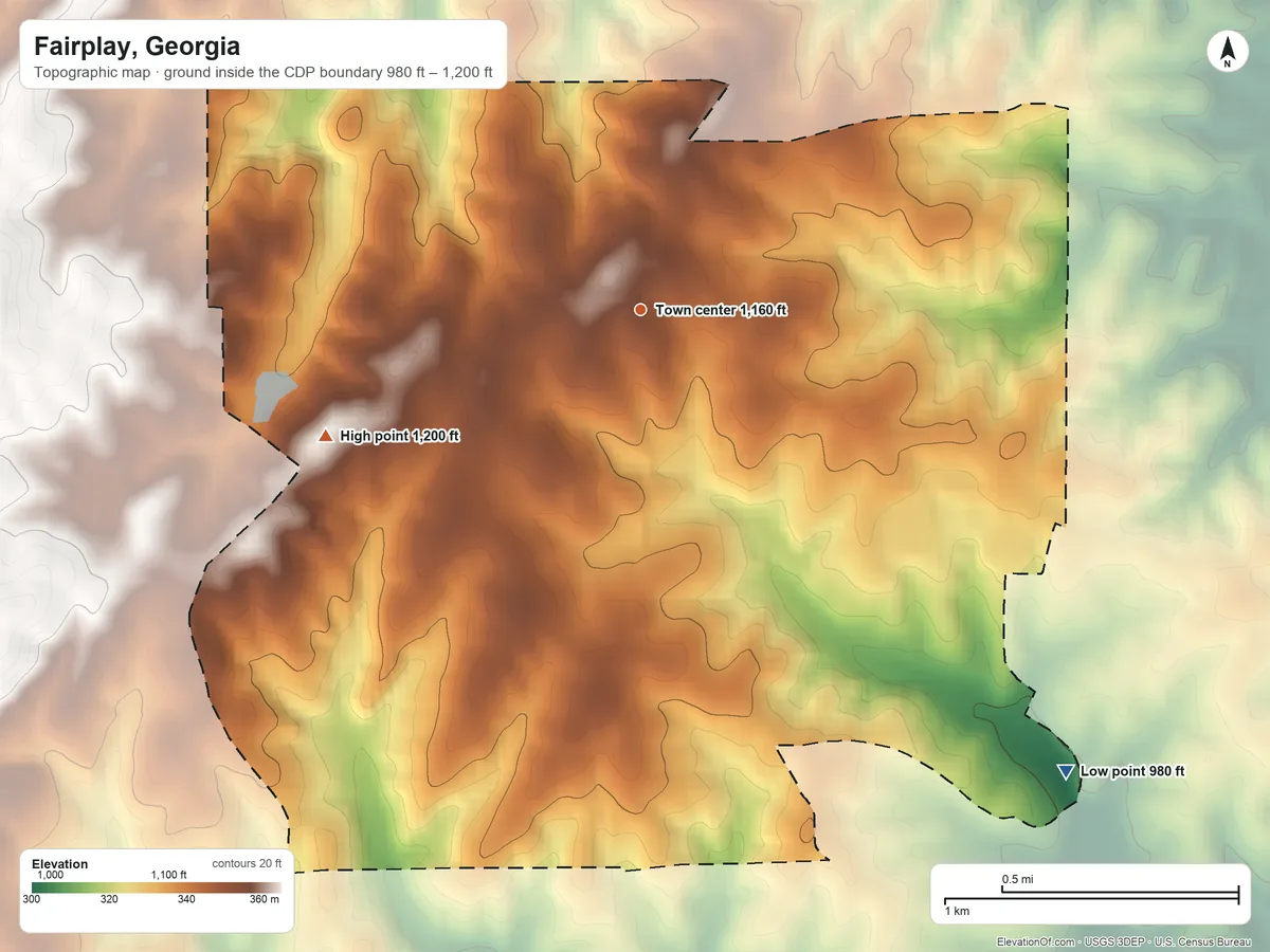 Topographic elevation map of Fairplay, Georgia, shaded from 980 ft on the southeast side to 1,200 ft on the west side